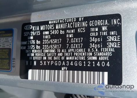 2016 Kia Sorento 2.4L Lx z USA, uszkodzony, nr VIN 5XYPGDA34GG121404